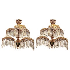 Pair Estate French Gold Bronze and Cut Crystal Palm Chandeliers, Circa 1940-1950