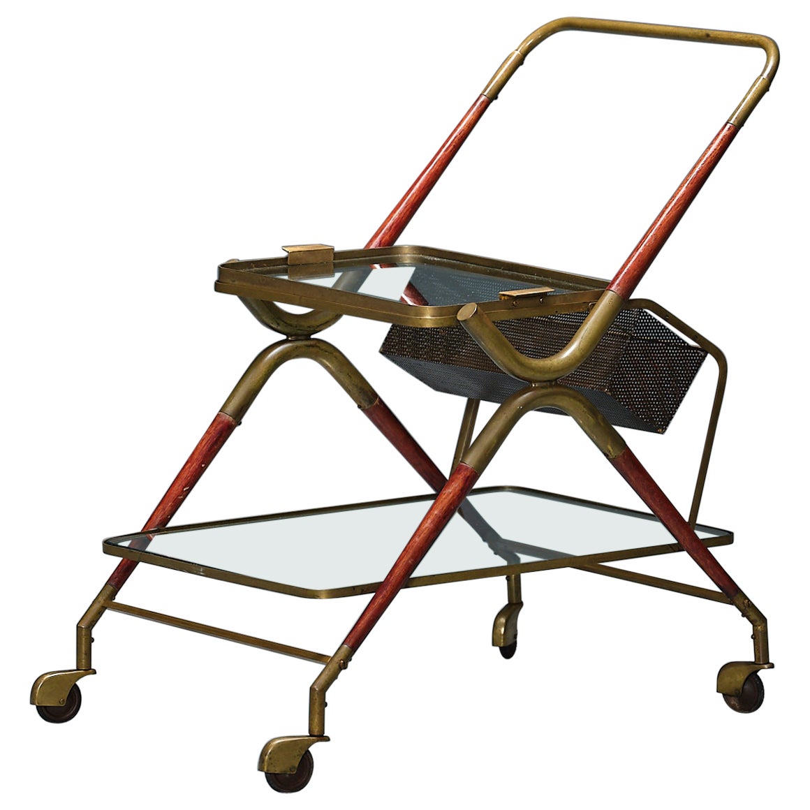 Cesare Lacca Bar Cart with Removable Tray, Italian Brass & Lacquered Wood For Sale