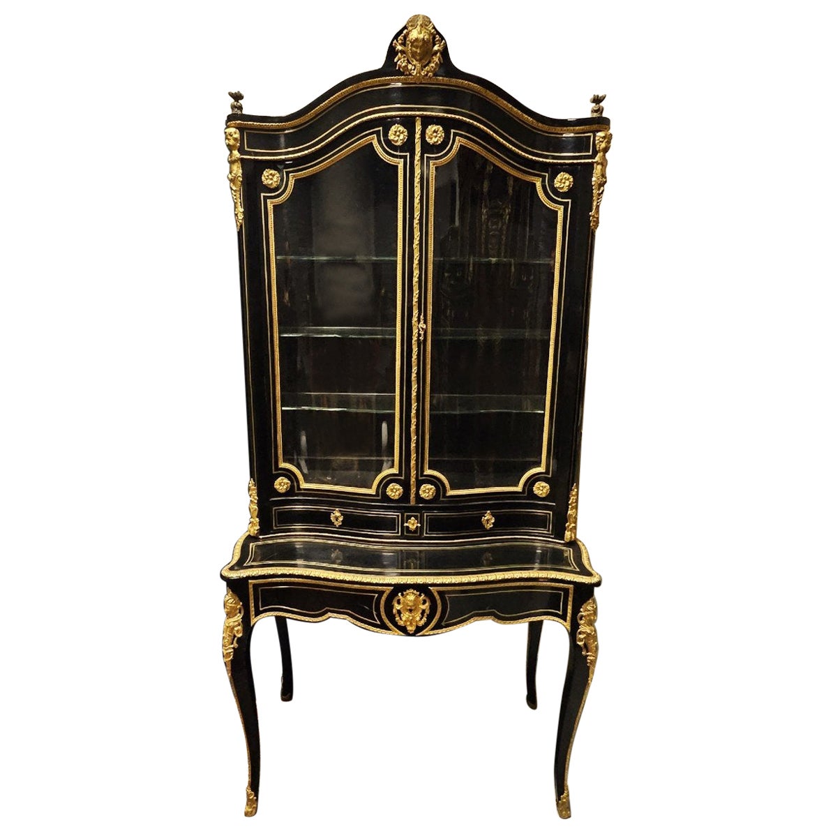 Louis XVI Napoleon III French Black Gold Bronze Desk Secretary Cabinet 19th Cent For Sale