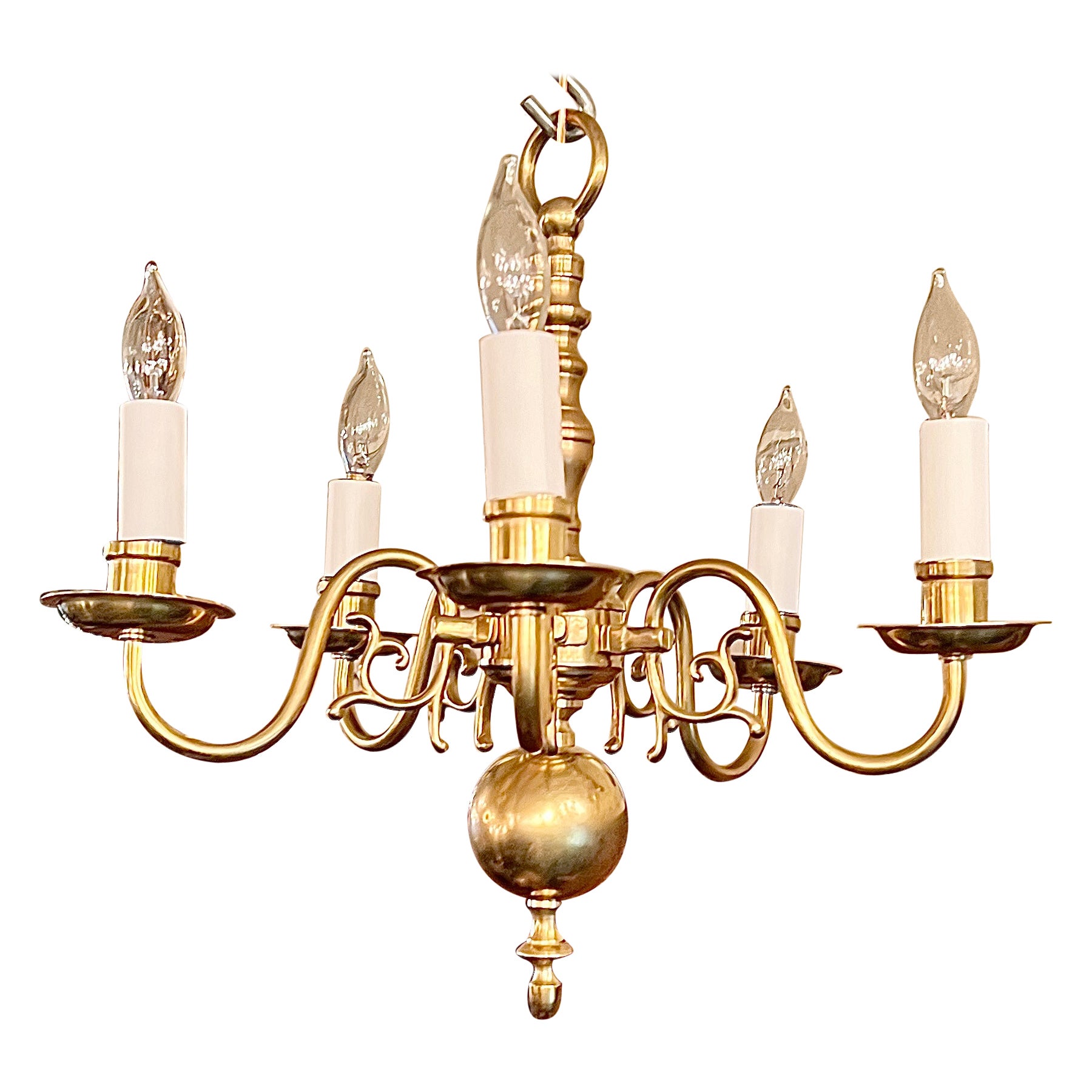 Petite English William & Mary Style All Brass 4 Light Chandelier. For Sale