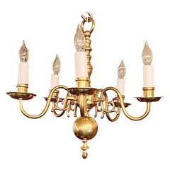 Petite English William & Mary Style All Brass 4 Light Chandelier.