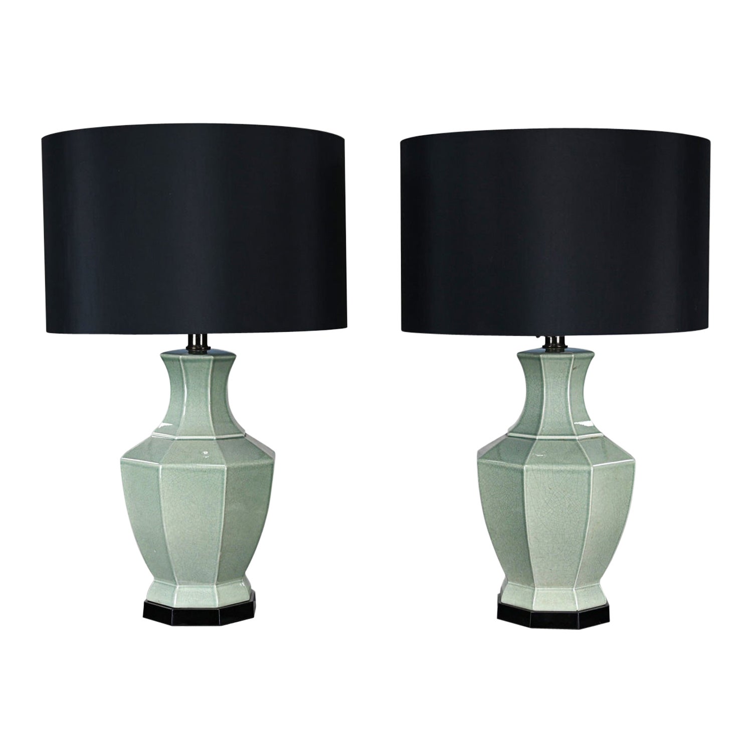 Pair Chinoiserie Celadon Jade Green Celadon Octagon Urn Table Lamps Black Shades For Sale