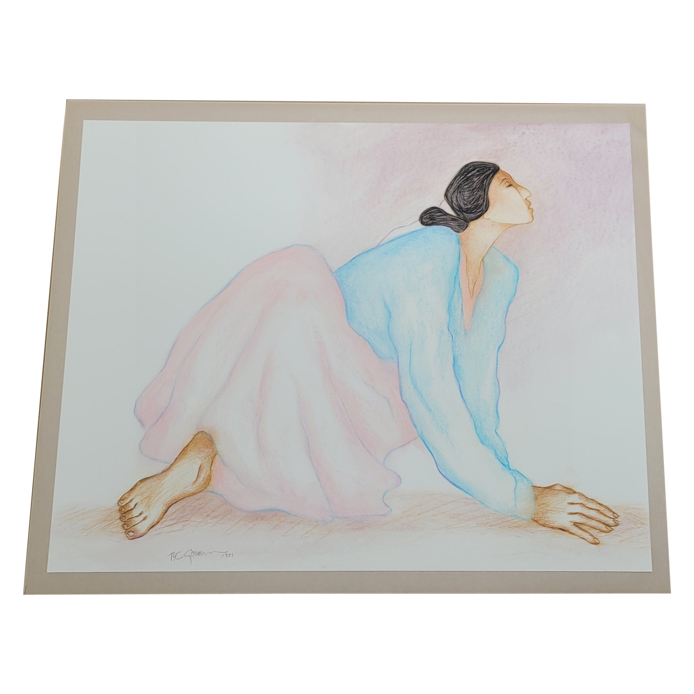 R.C. Gorman - Woman with Pink Skirt and Light Blue Blouse - 1983 For Sale