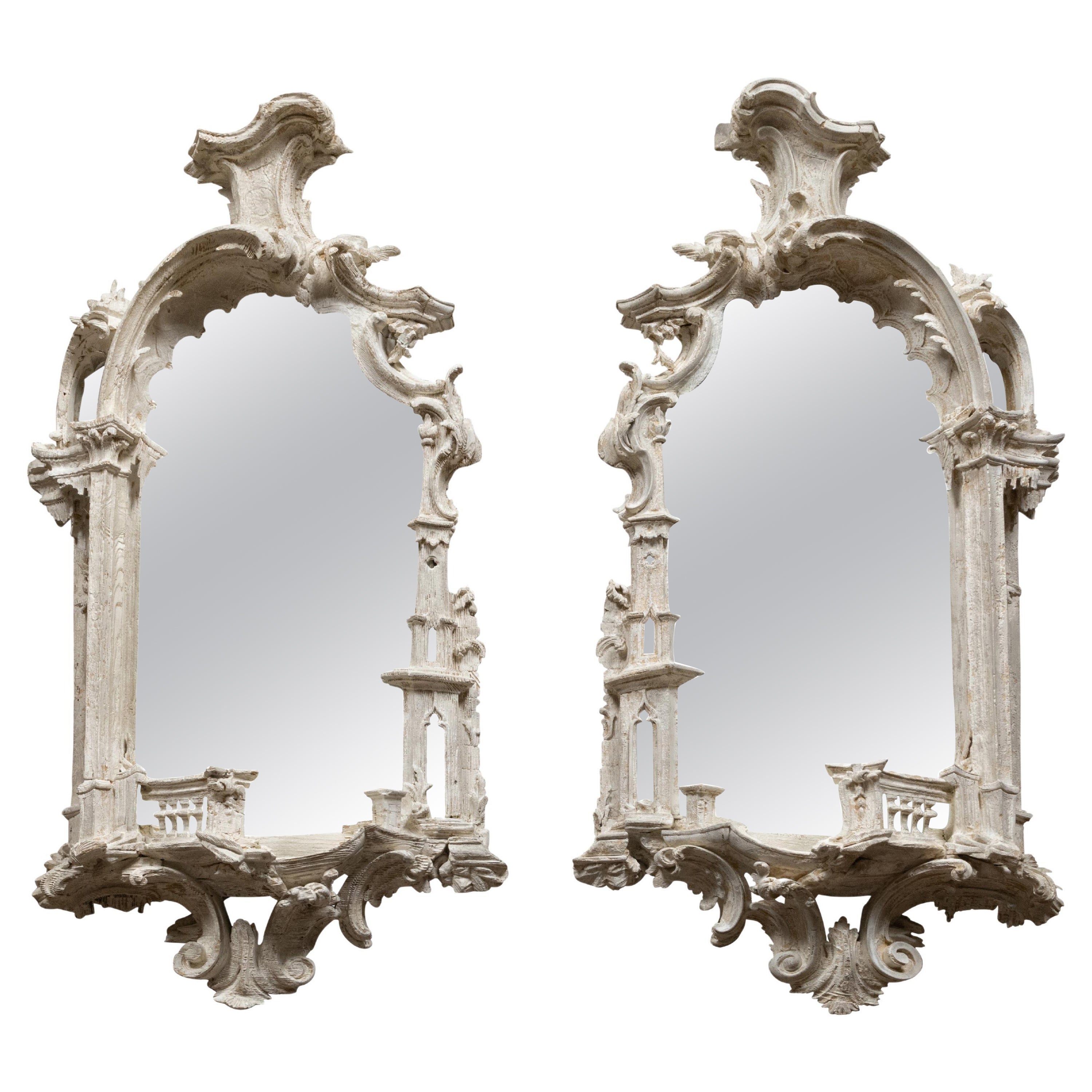 Pair of English Rococo Chippendale Style Painted & Carved Architectural Mirrors For Sale