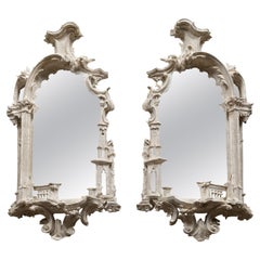 Antique Pair of English Rococo Chippendale Style Painted & Carved Architectural Mirrors