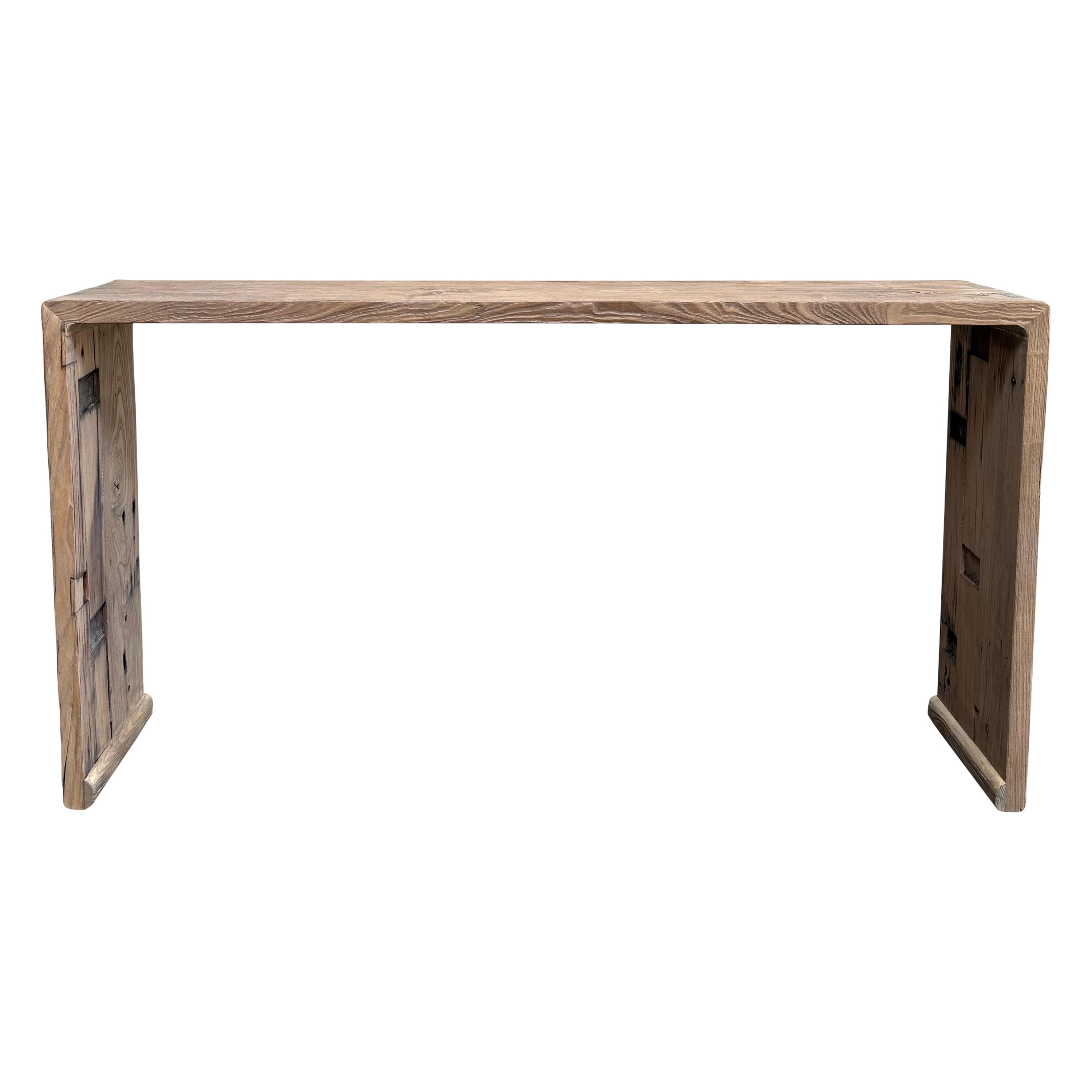 Vintage Elm Wood Waterfall Style Console Table For Sale