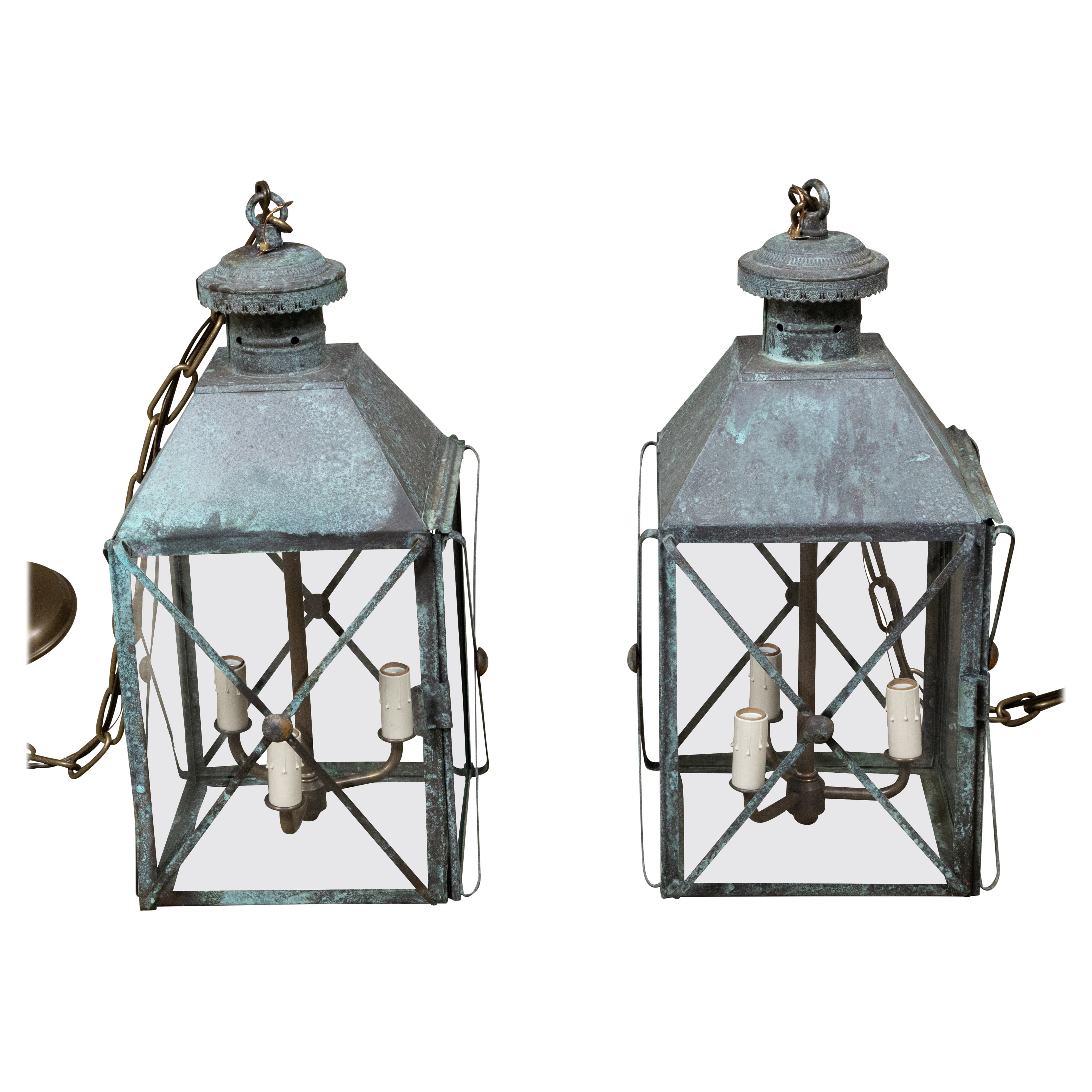 Pair of English 19th Century Copper Three-Light Lanterns with Verdigris Patina For Sale