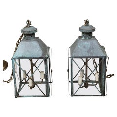 Used Pair of English 19th Century Copper Three-Light Lanterns with Verdigris Patina