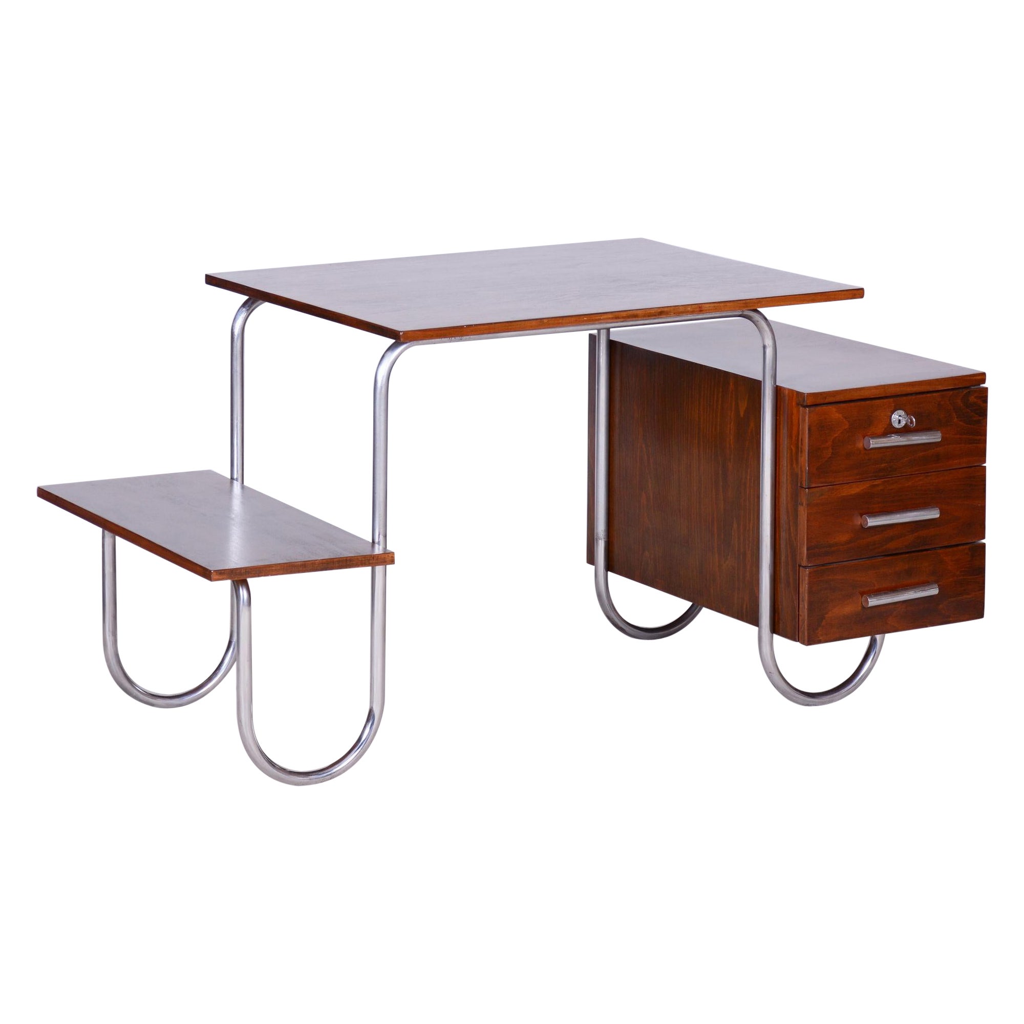 Bureau Bauhaus restauré par Robert Slezak, hêtre, chrome, tchèque, années 1930