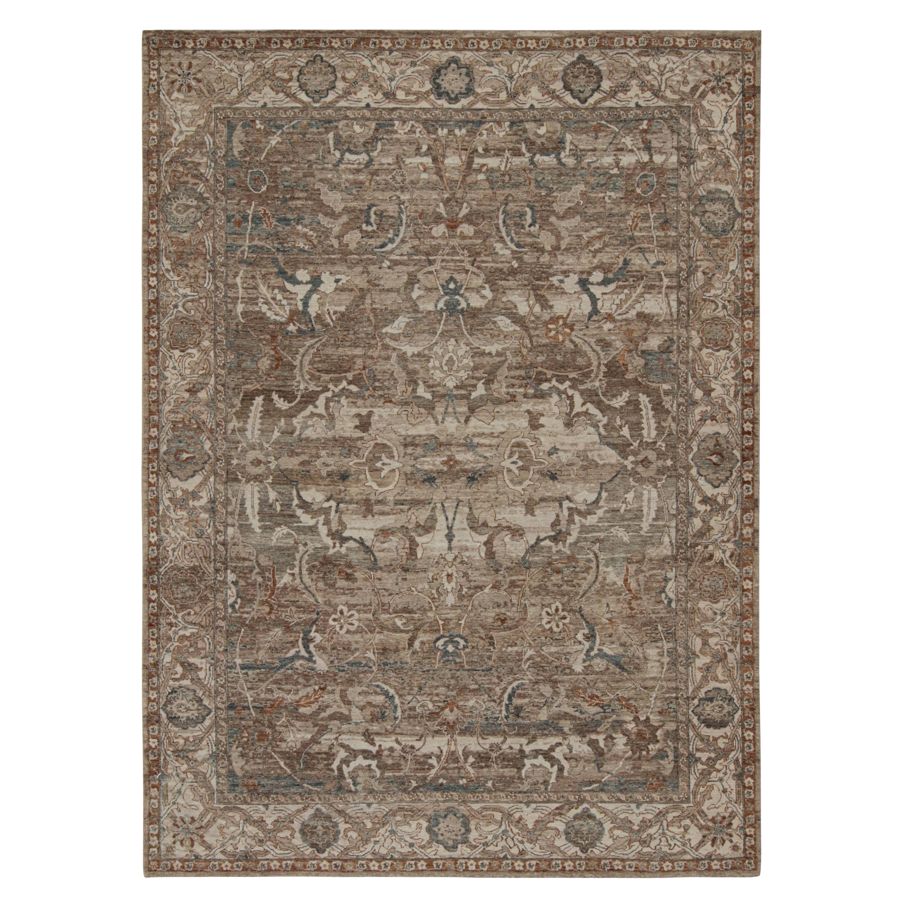 Rug & Kilim’s Modern Classics Rug with Beige-Brown and Navy Blue Floral Patterns For Sale