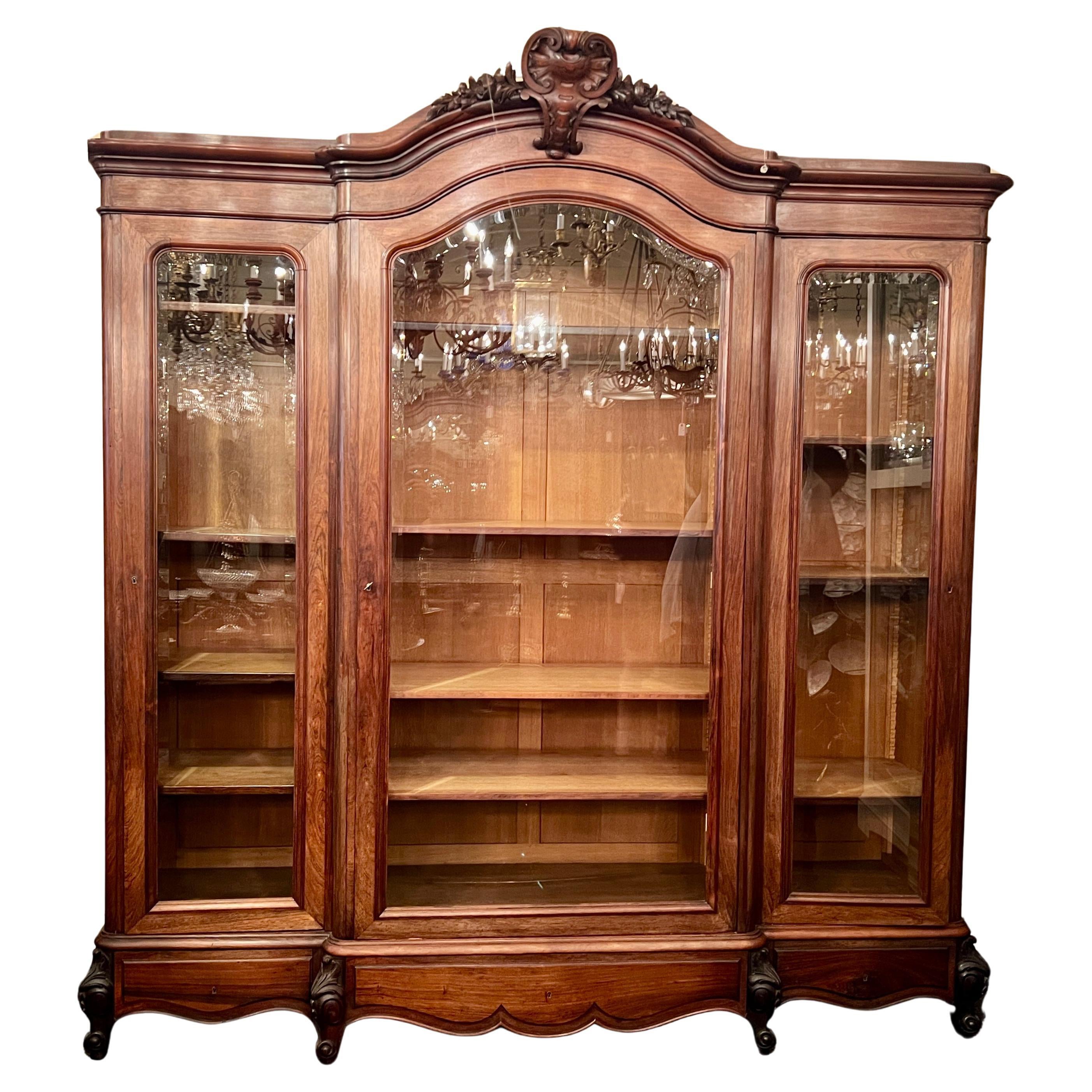 Antique French Rosewood Breakfront Display Cabinet with Beveled Glass Circa 1880 For Sale
