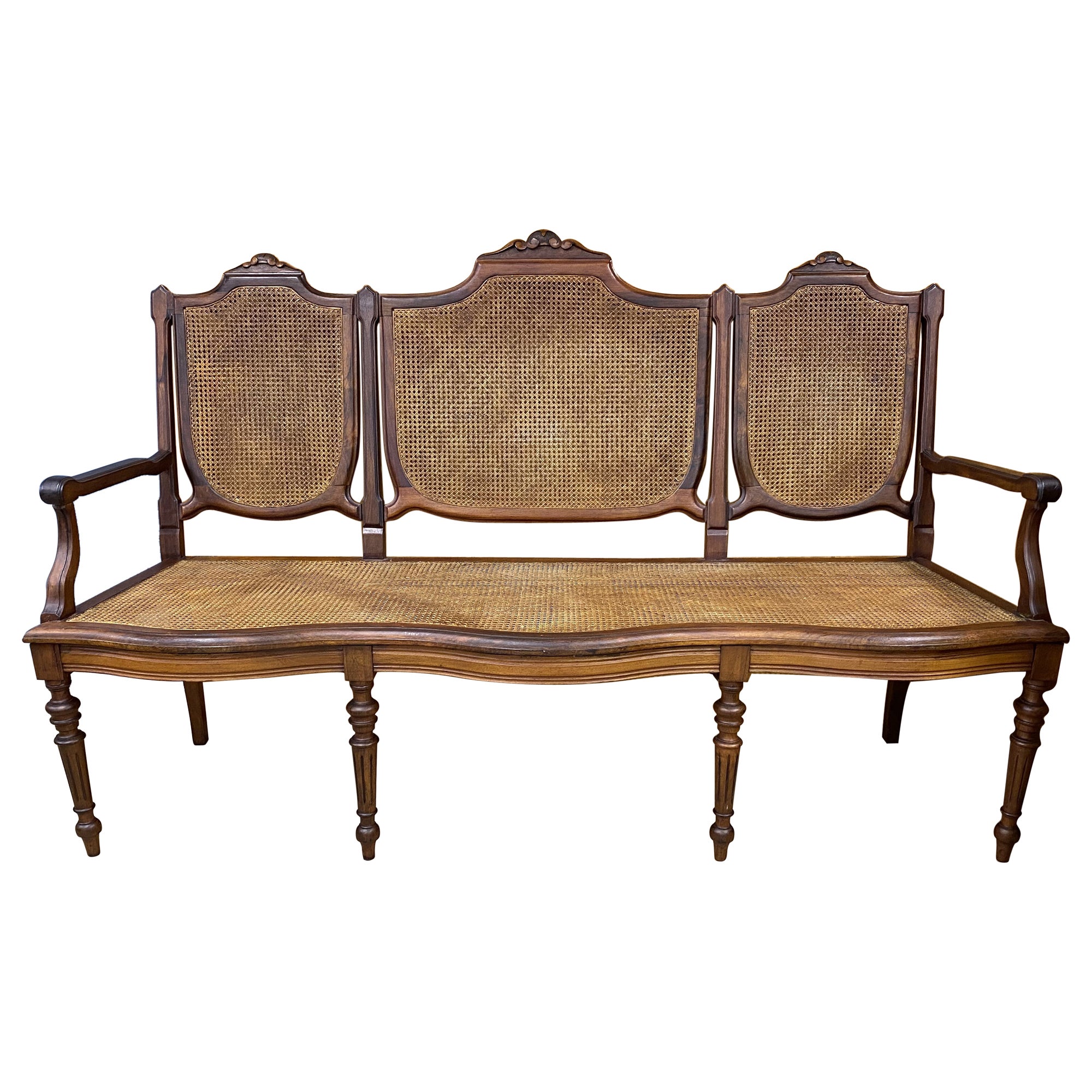 19th c Brazilian Hardwood Settee with Caned Seat and Back