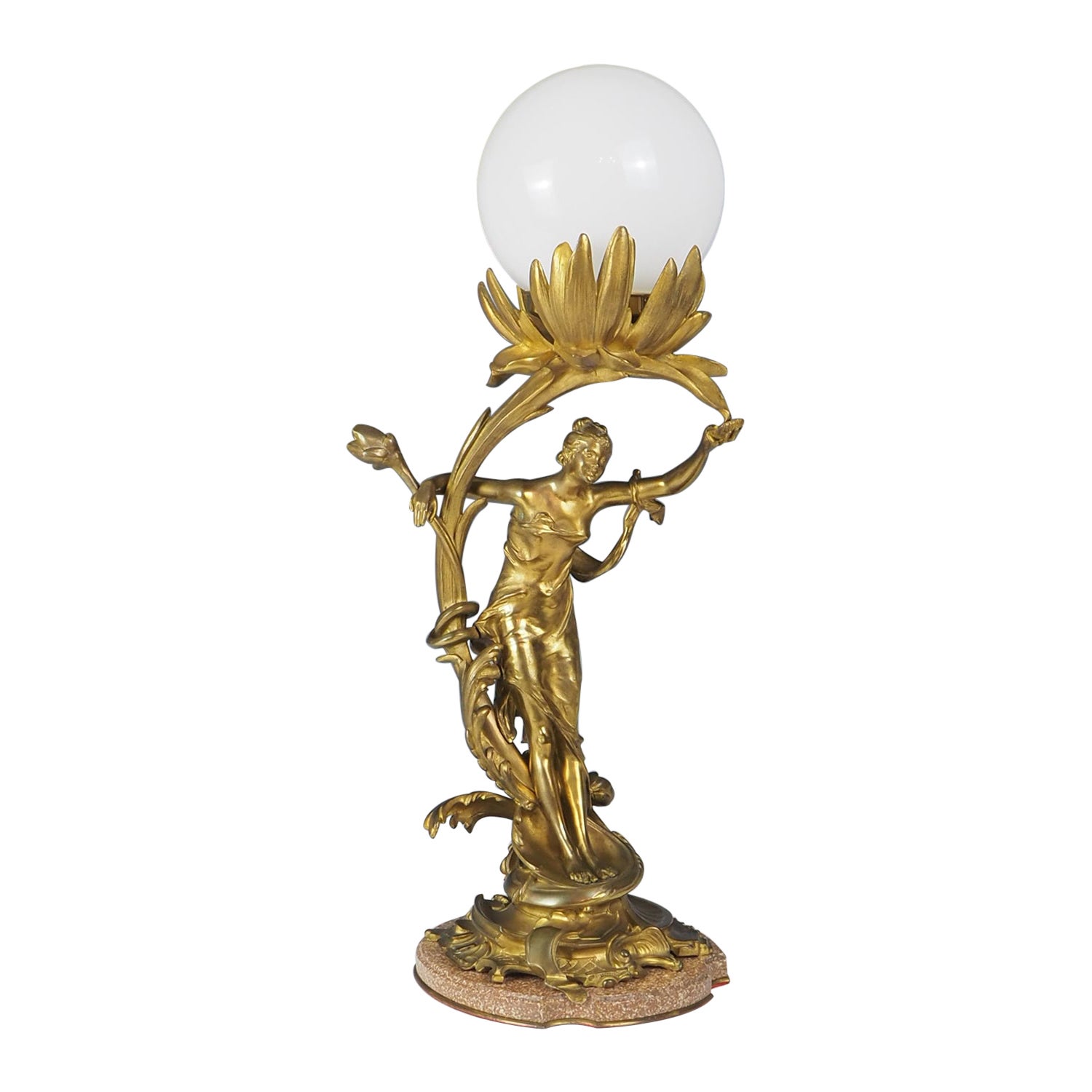 Bronze Art Nouveau Lady Antique Table Lamp For Sale