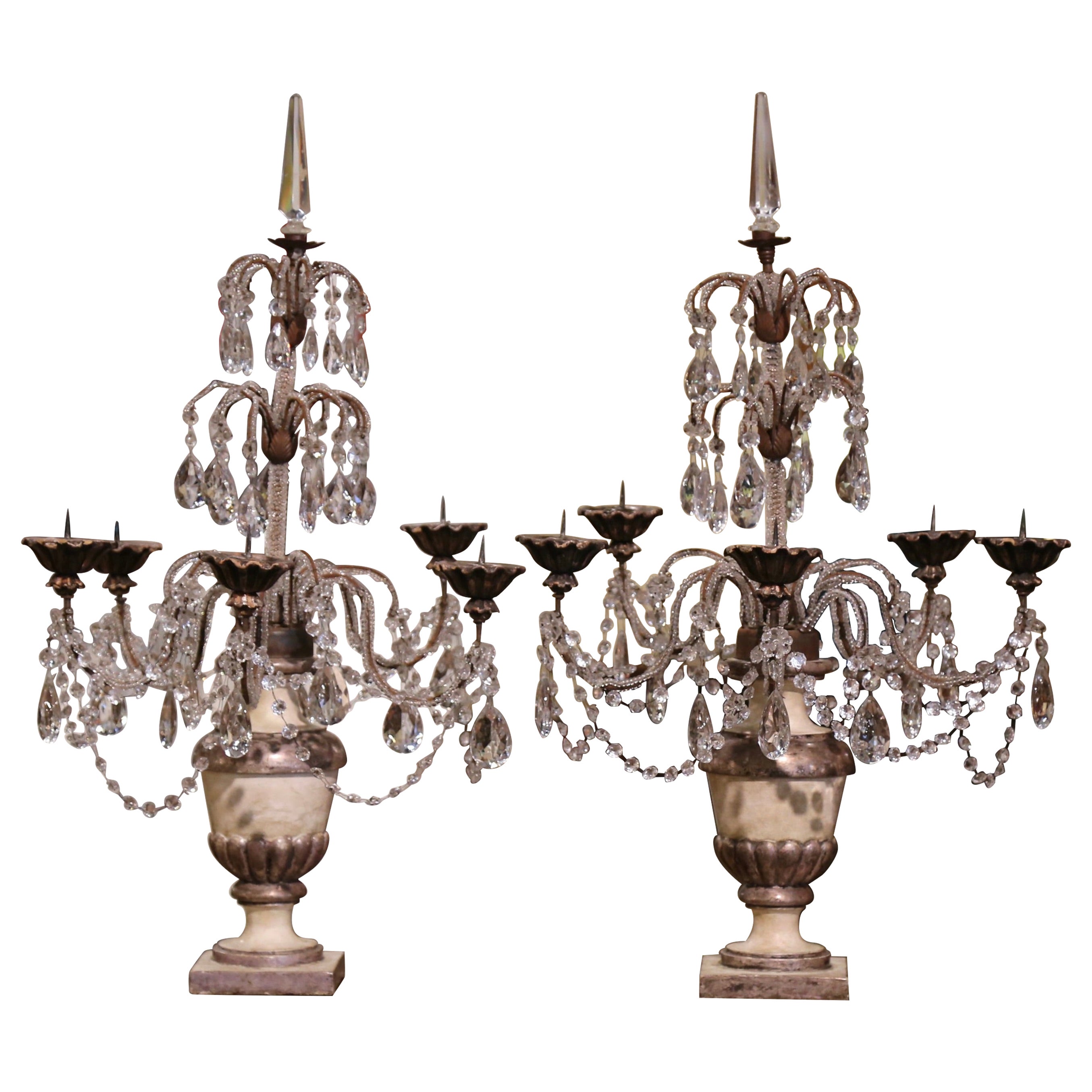 Pair of Mid-Century Italian Silver and Gilt Painted Five-Light Girandoles For Sale
