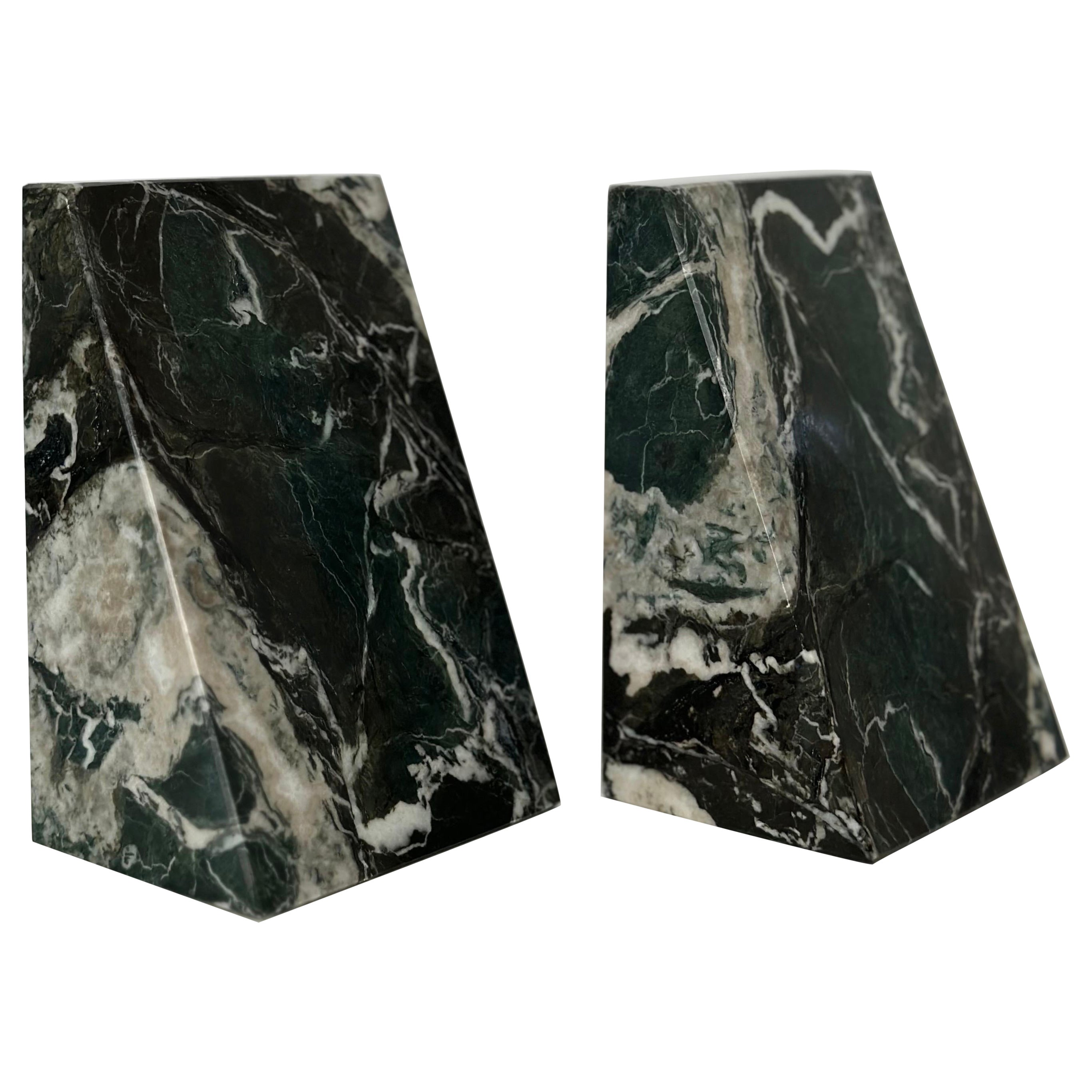1970s Vintage Triangular Green and Black Marble Bookends - a Pair