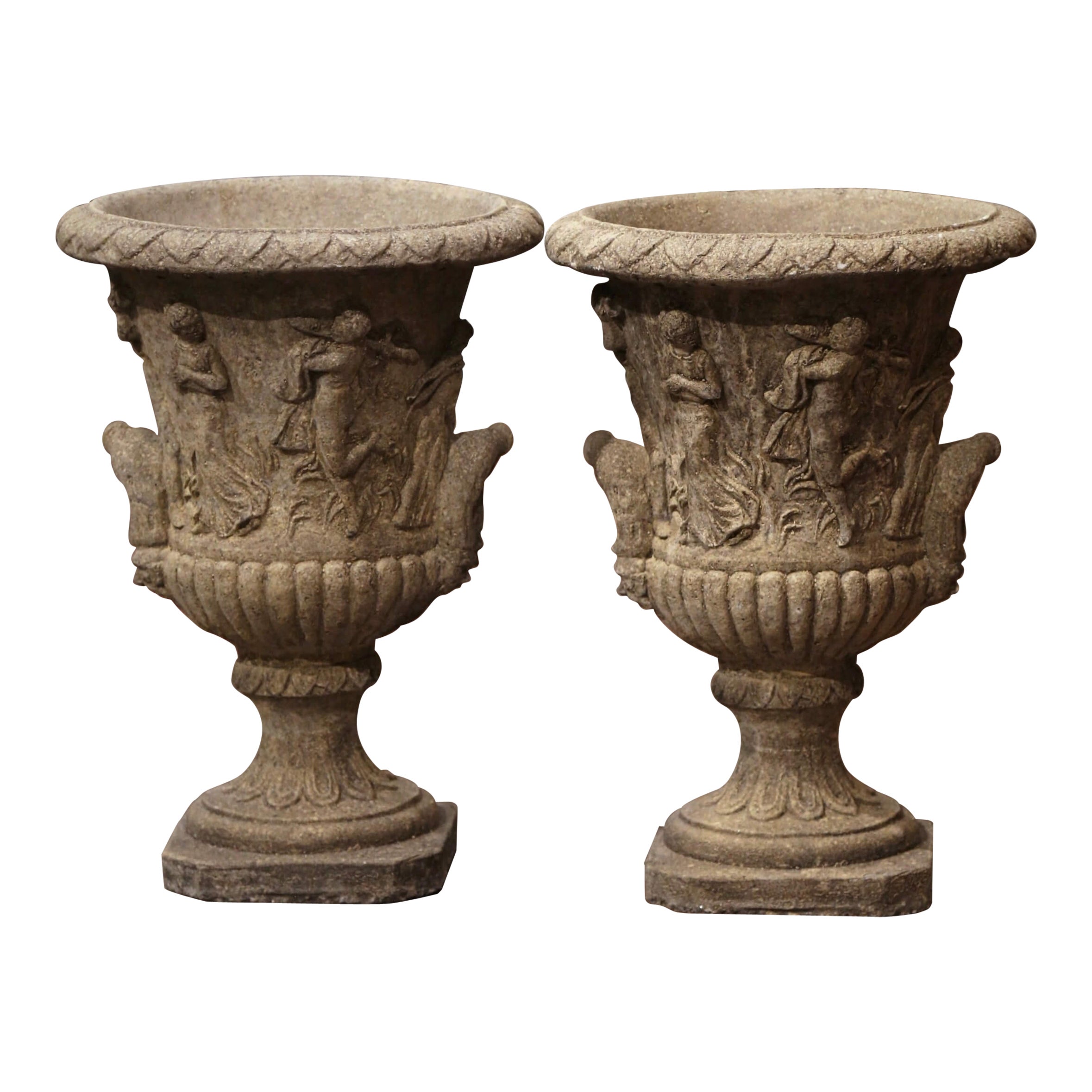 Pair of Vintage French Hand Carved Stone Campana-Form Outdoor Garden Urns For Sale