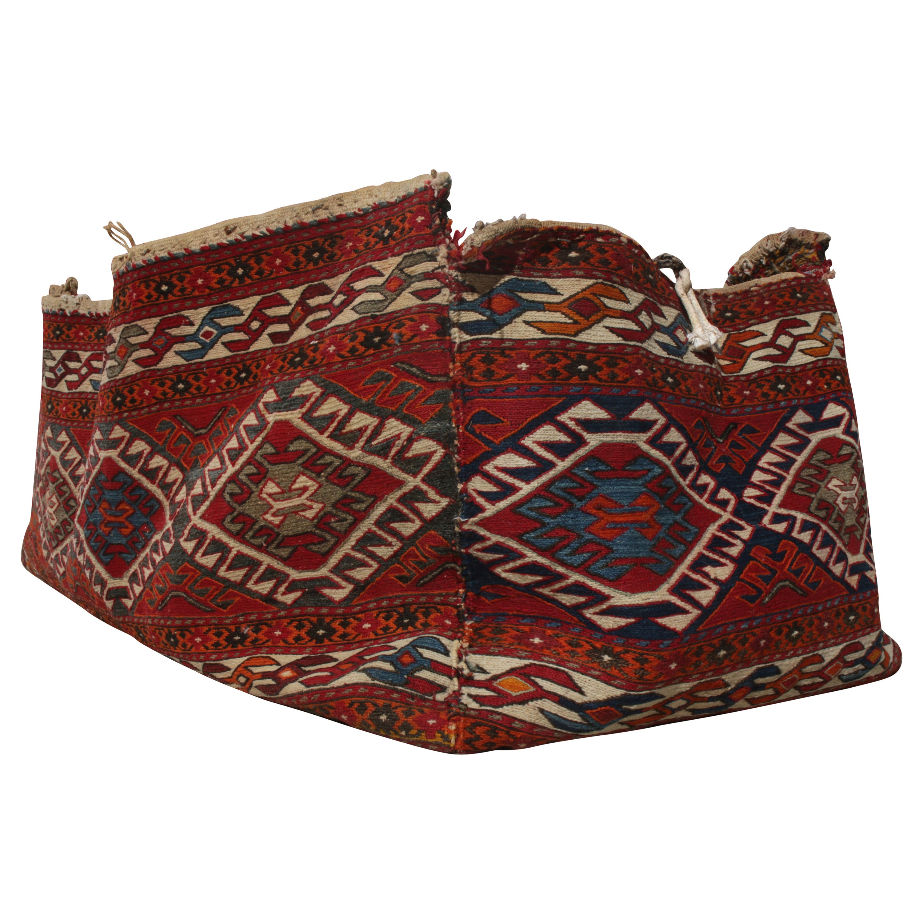 Mid Century Persian bag flat weave in Blue, Red, White Geometric pattern For Sale