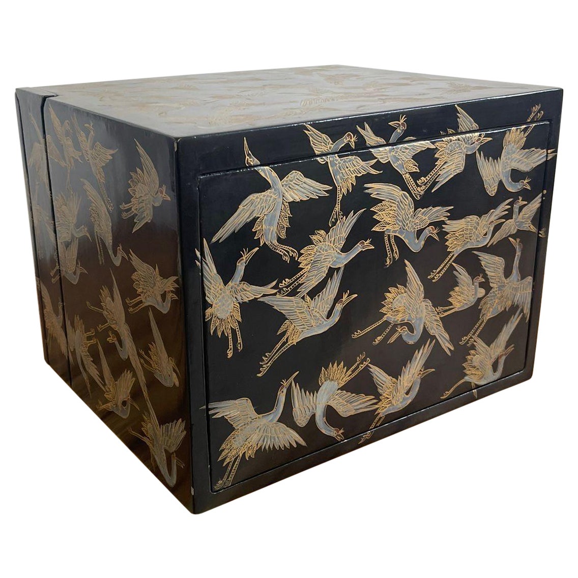 Japanese Storage Box With Hidden Compartments and Crane Motif. For Sale