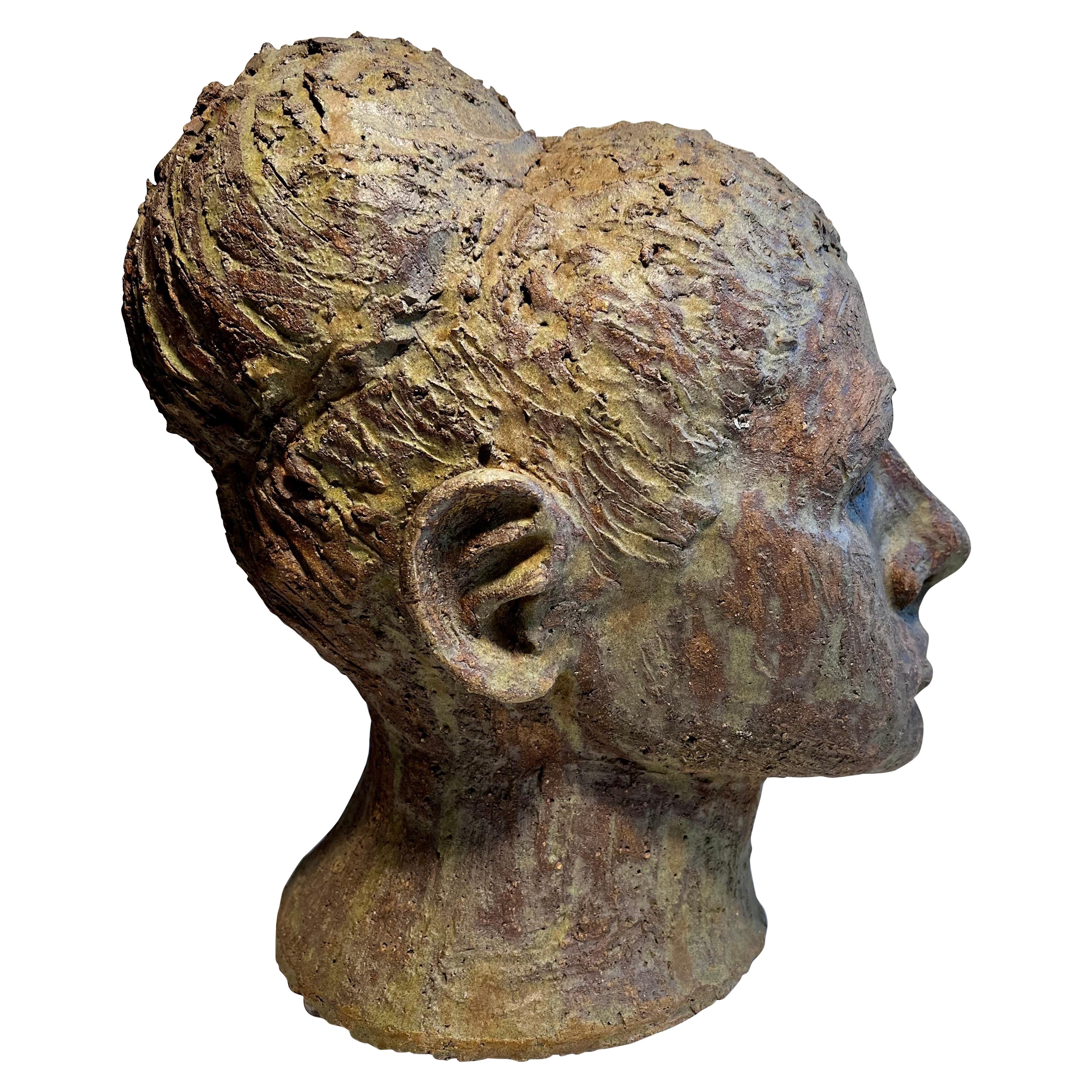 Brutalist Terracotta Female Bust Sculpture For Sale