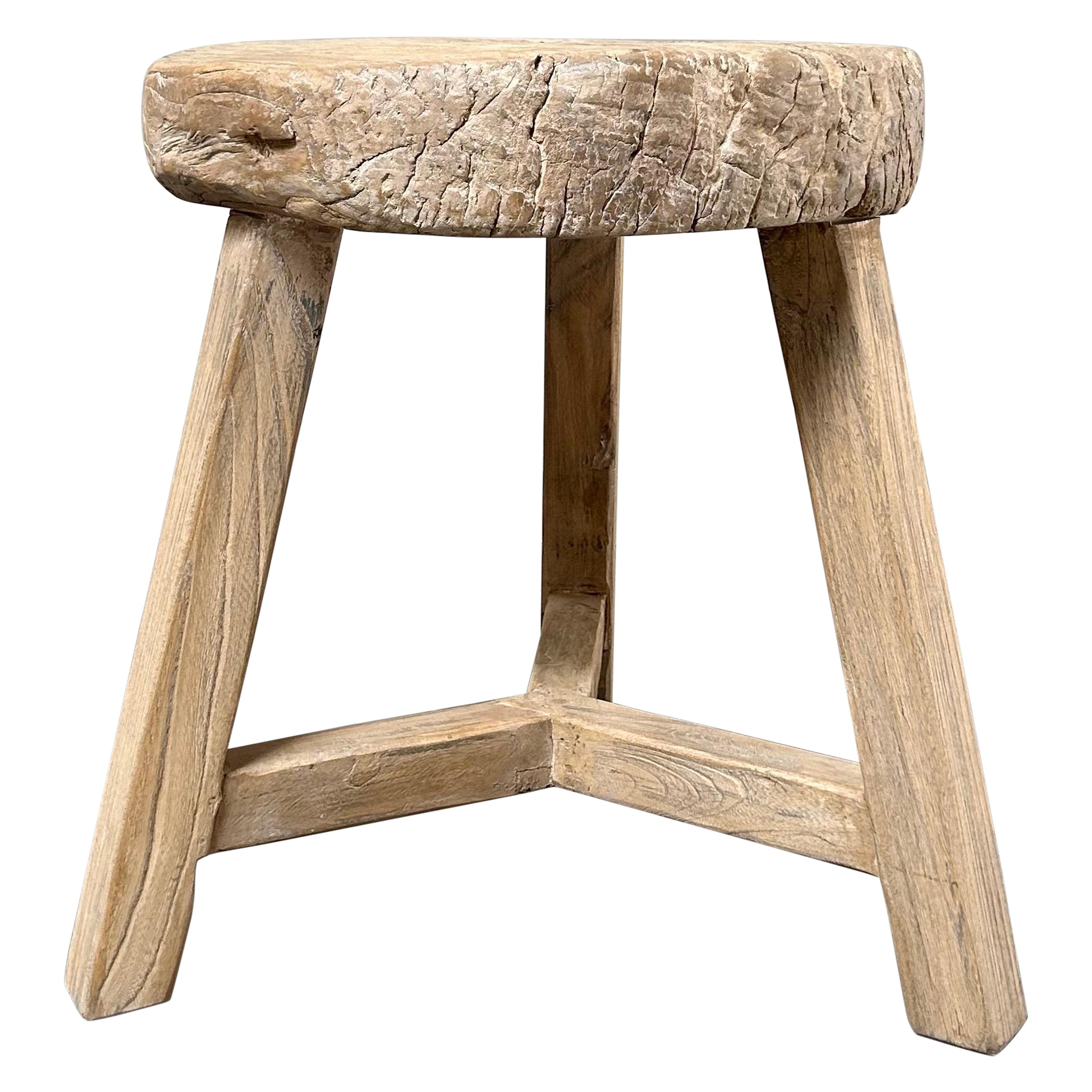 Vintage elm wood wheel stool For Sale