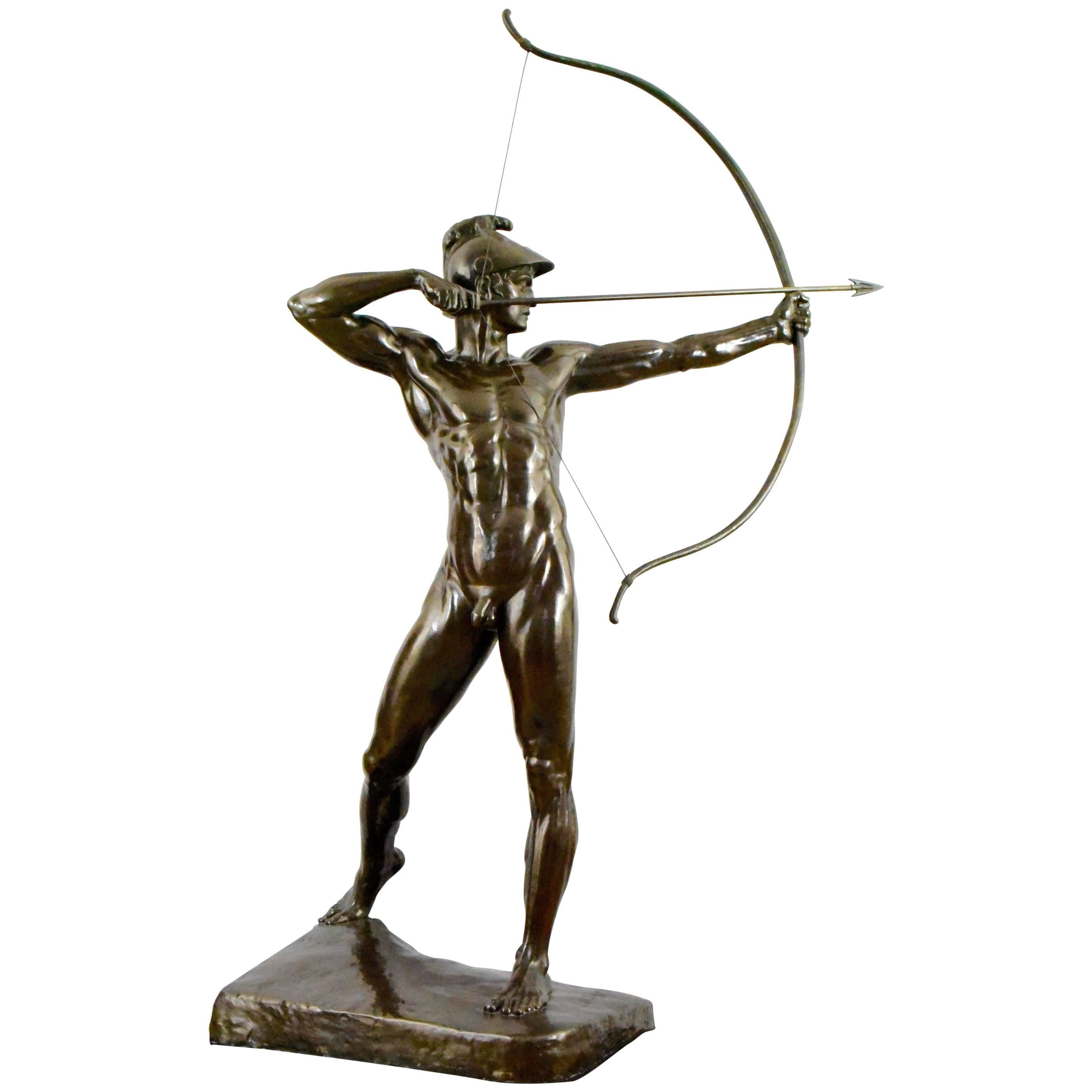 Life size Bronze Sculpture Male Nude Archer by Ernst Moritz Geyger H. 60 inch