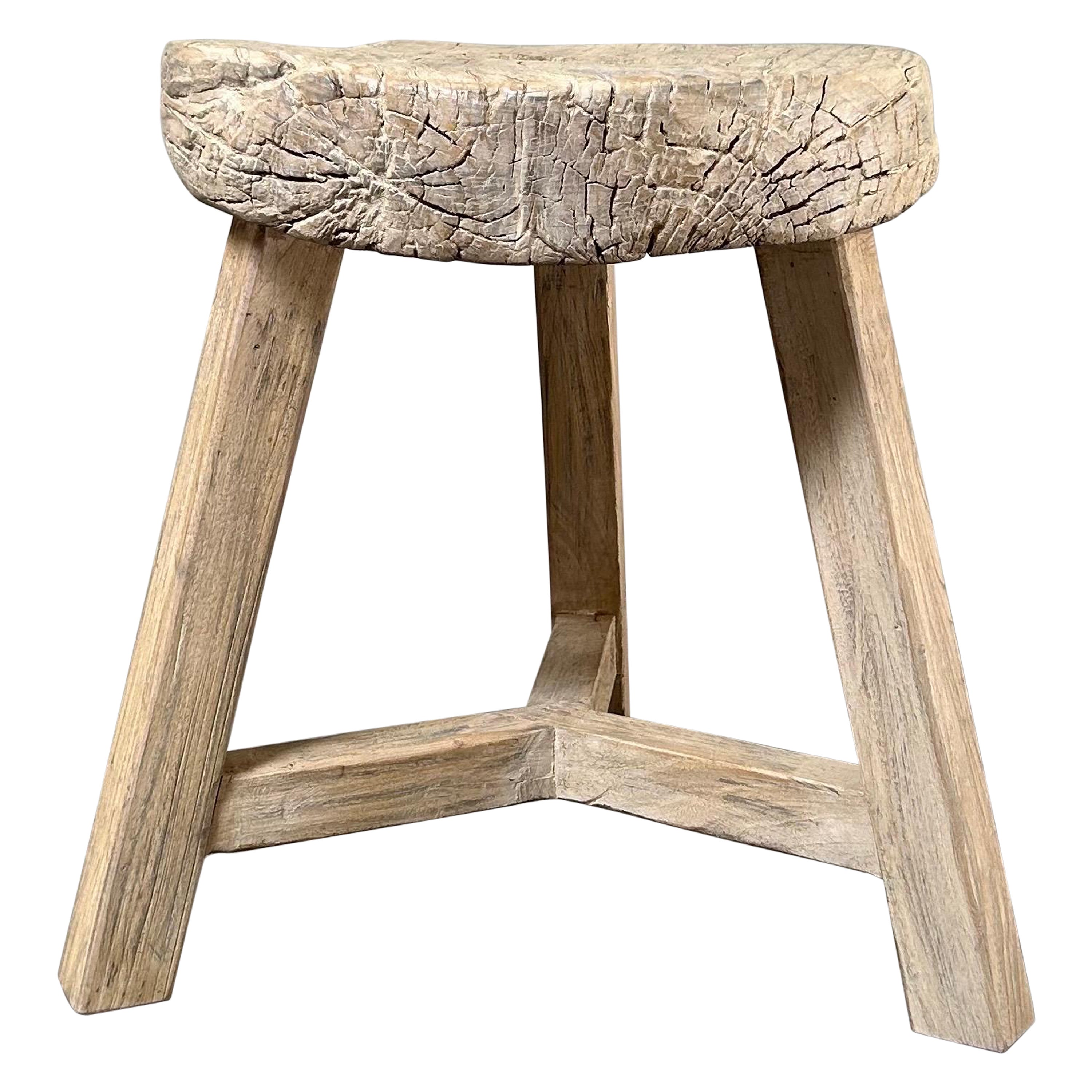 Vintage Elm Wood Wheel Side Table For Sale