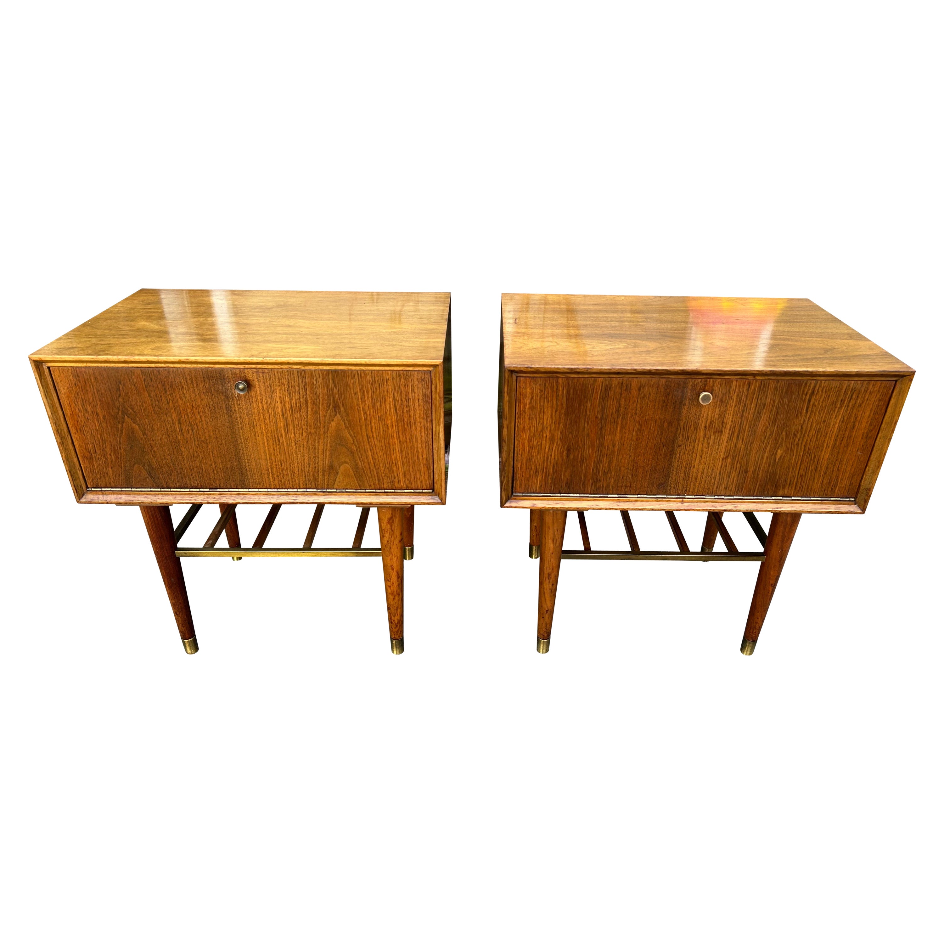 Fantastic Pair Paul McCobb style Walnut Brass Night Stands Mid-Century Modern For Sale