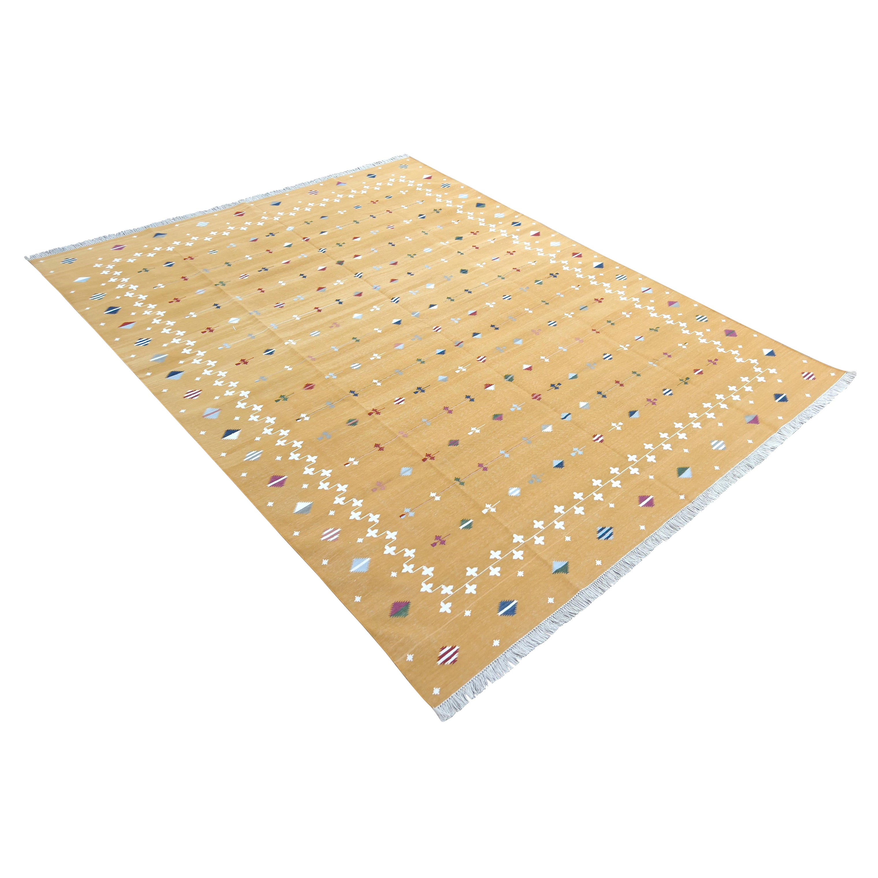 Handgefertigter Flachgewebe-Teppich aus Baumwolle, gelb-weiße indische Sternschnuppe Dhurrie