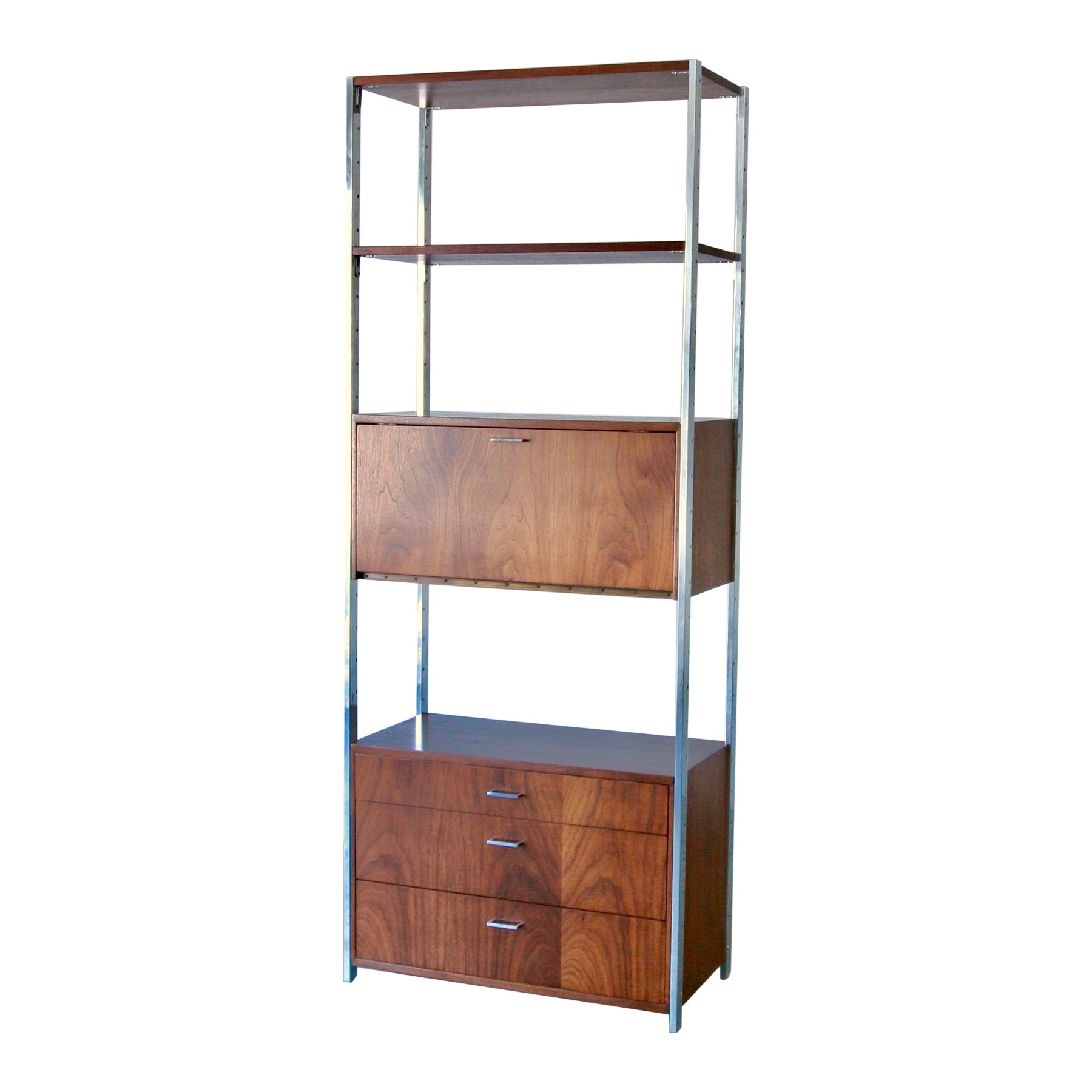 Mid-Century Modern Founders Chrome & Walnut Etagere Bar Wall Unit Shelving For Sale