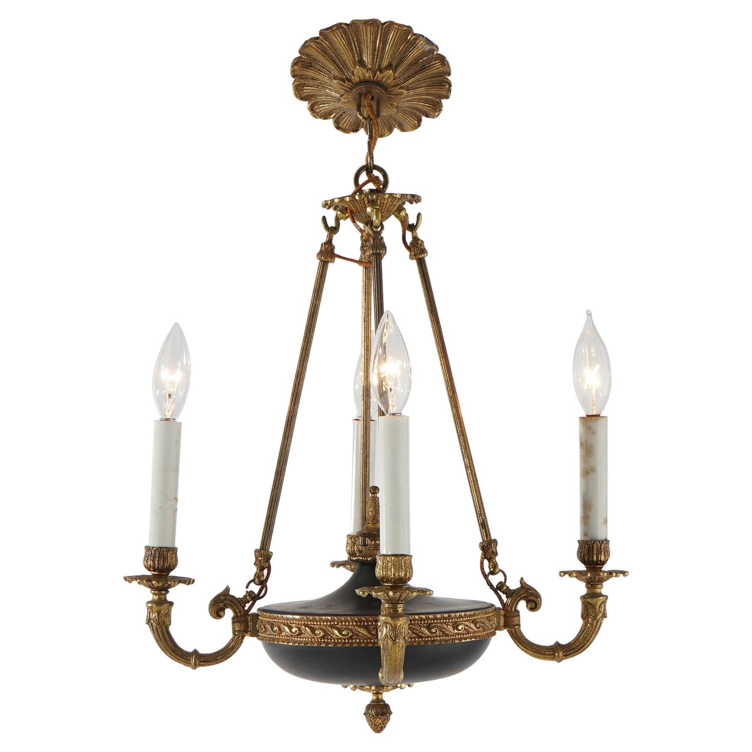 French Empire Ebonized & Gilt Metal Four-Light Pan Chandelier 20th C For Sale