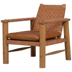 Rustikaler französischer Lounge-Sessel aus gewebtem Leder