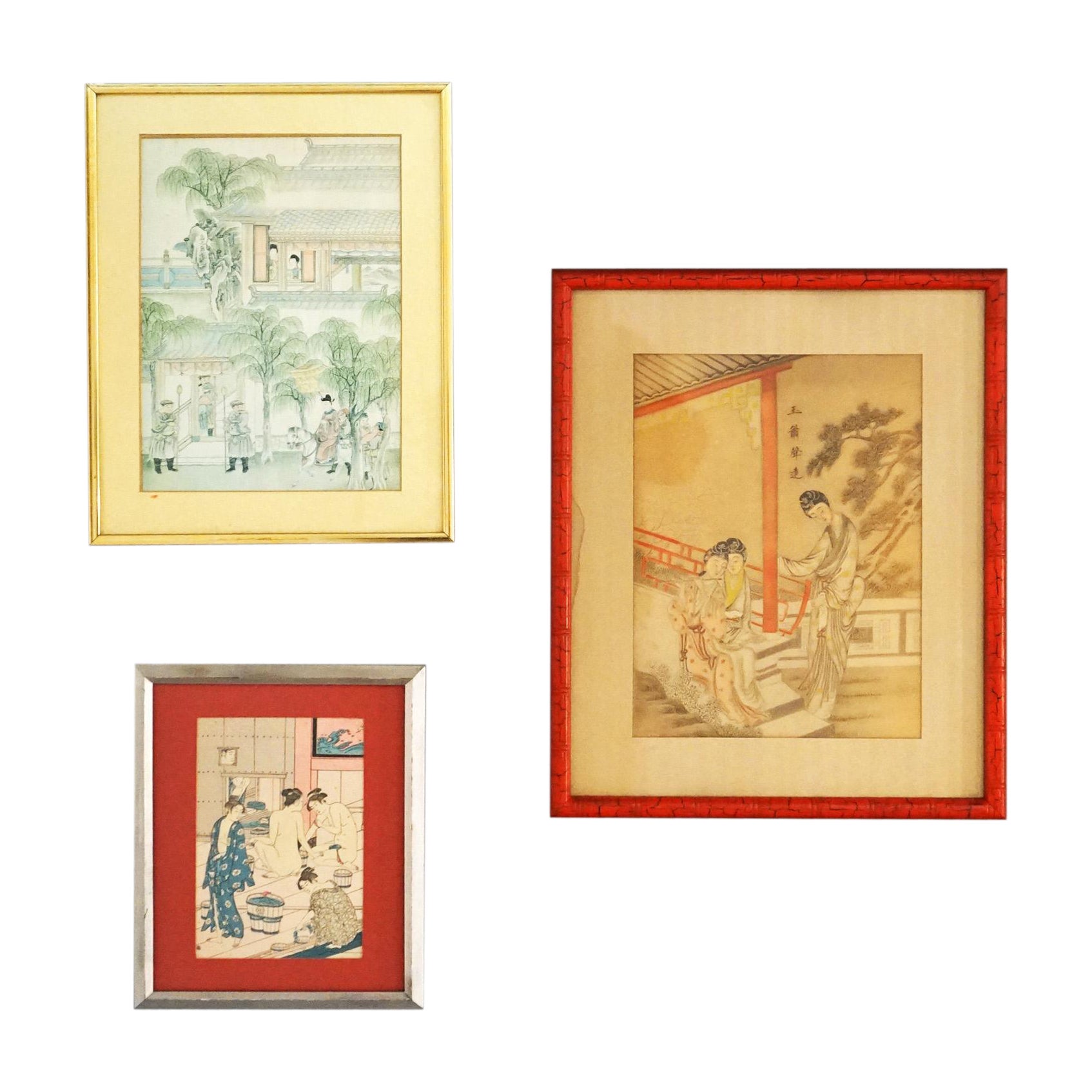 Three Japanese Woodblock Genre Prints by Torii Kiyonaga & Unknown Artist 20thC For Sale