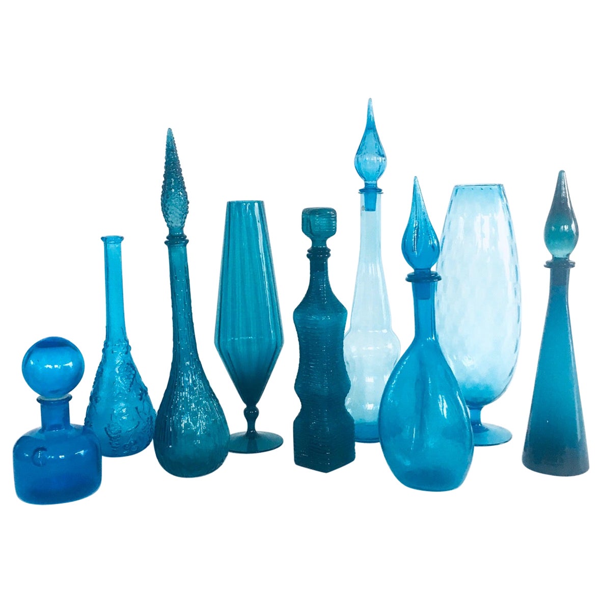 1960's Collection of Vintage Blue Glass Vases and Decanters, Set of 9 For Sale
