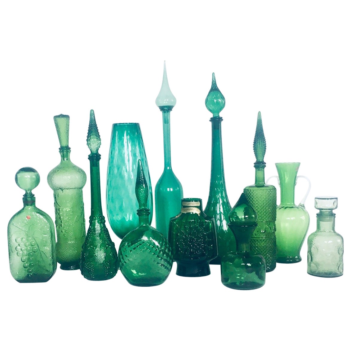 1960's Collection of Vintage Green Glass Vases & Decanters, Set of 12 For Sale