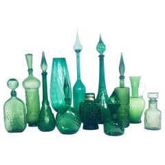 1960's Collection of Vintage Green Glass Vases & Decanters, Set of 12