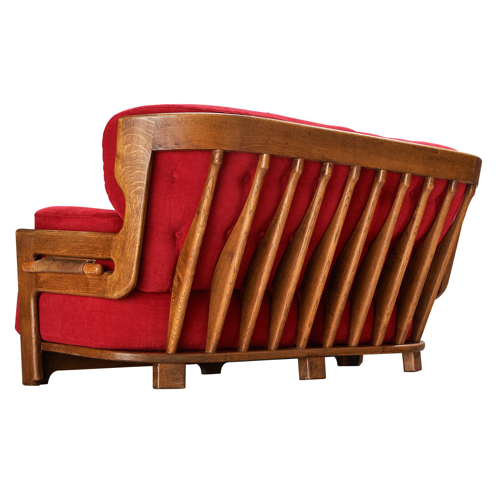 Guillerme & Chambron Sofa 'Denis' in Solid Oak and Red Pink Velvet  For Sale