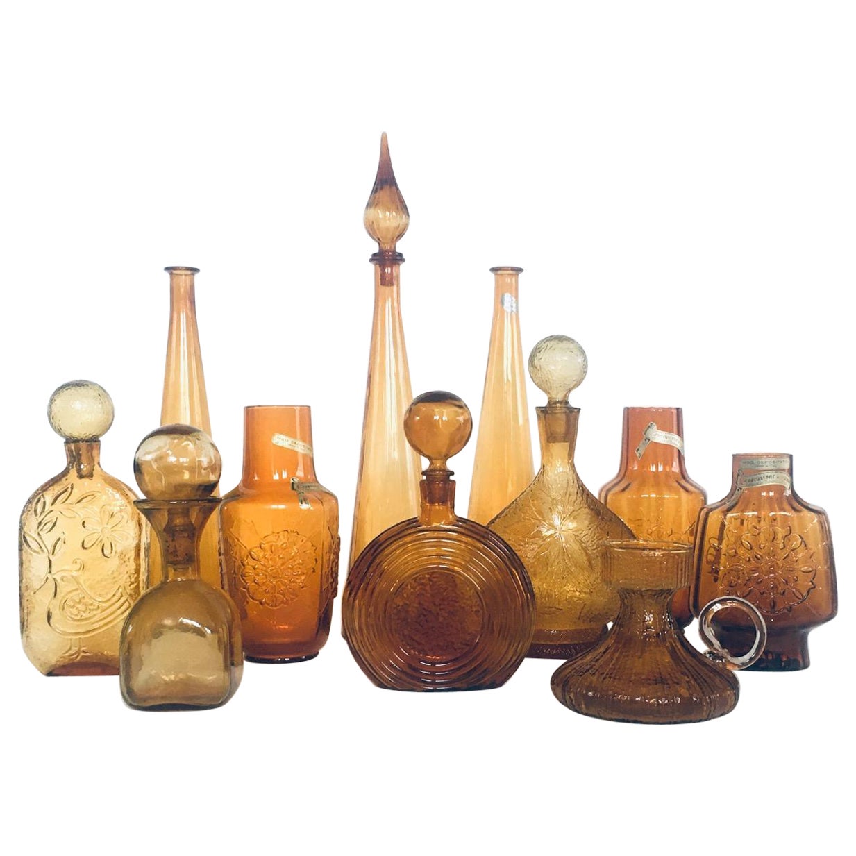 1960's Collection of Vintage Amber Glass Vases & Decanters, Set of 11 For Sale