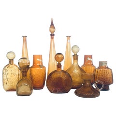 1960's Collection of Vintage Amber Glass Vases & Decanters, Set of 11