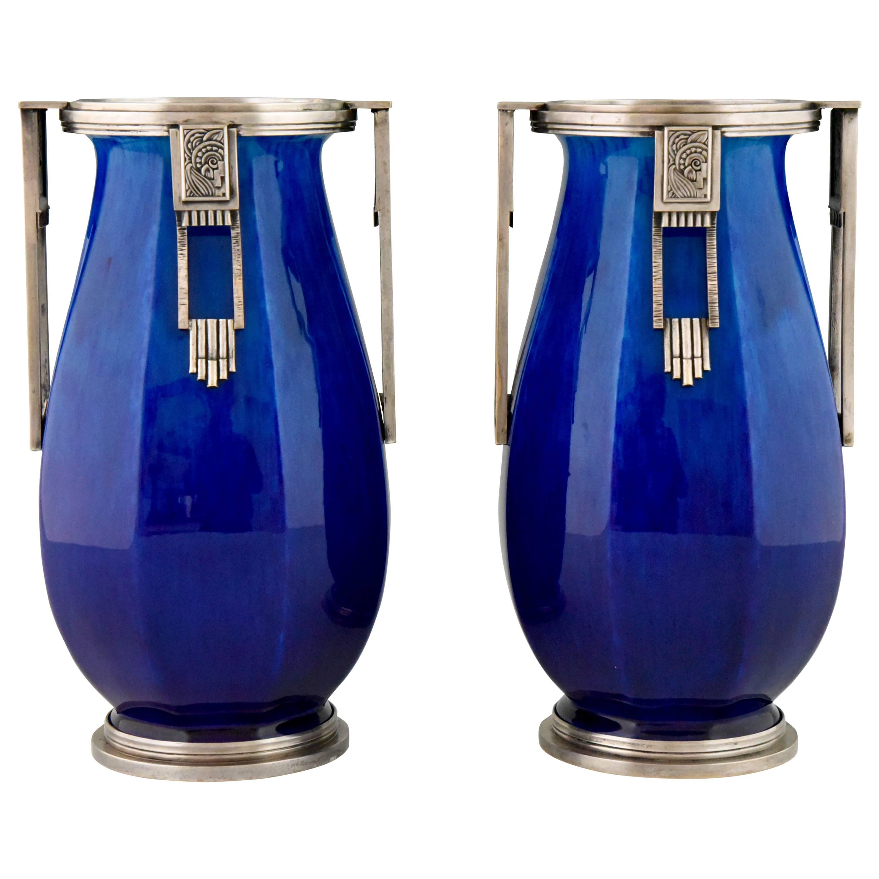French Art Deco Ceramic and Silvered Bronze Vases by Paul Milet for Sevres, 1925