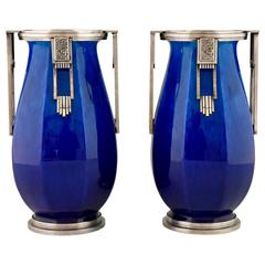 Antique French Art Deco Ceramic and Silvered Bronze Vases by Paul Milet for Sevres, 1925