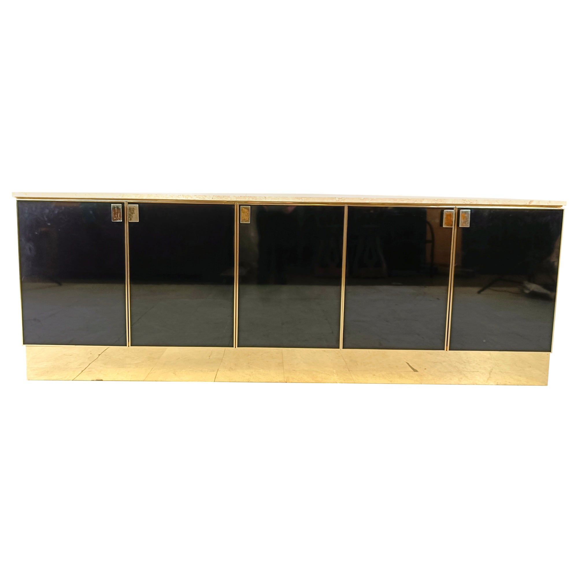 Vintage Black Lacquered and travertine credenza, 1980s For Sale