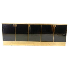 Vintage Black Lacquered and travertine credenza, 1980s
