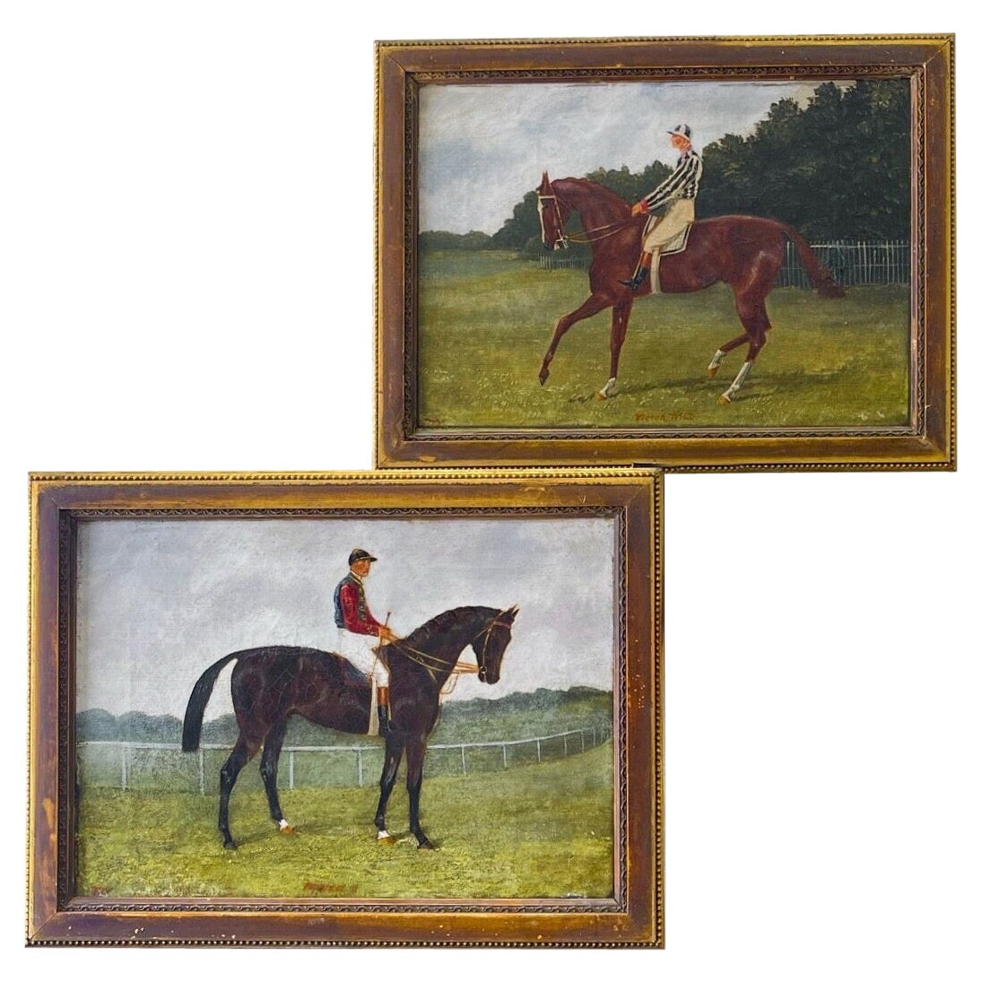 Ein kleines Paar englischer Pferde- und Jockeygemälde aus dem frühen 19. Jahrhundert im Angebot