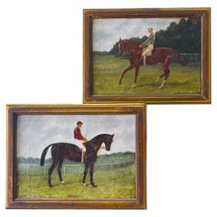 Petite paire de peintures anglaises du début du 19e siècle représentant des chevaux et des jockeys