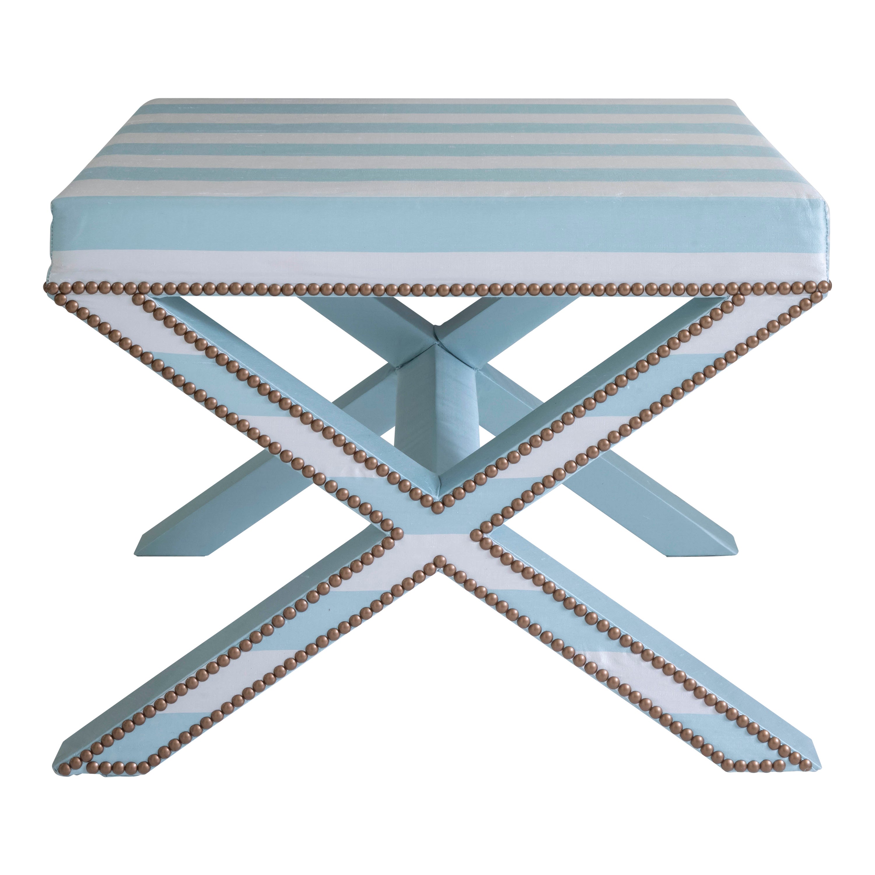 The upholstered Alexander X-Frame stool in striped silk with nailing detail For Sale