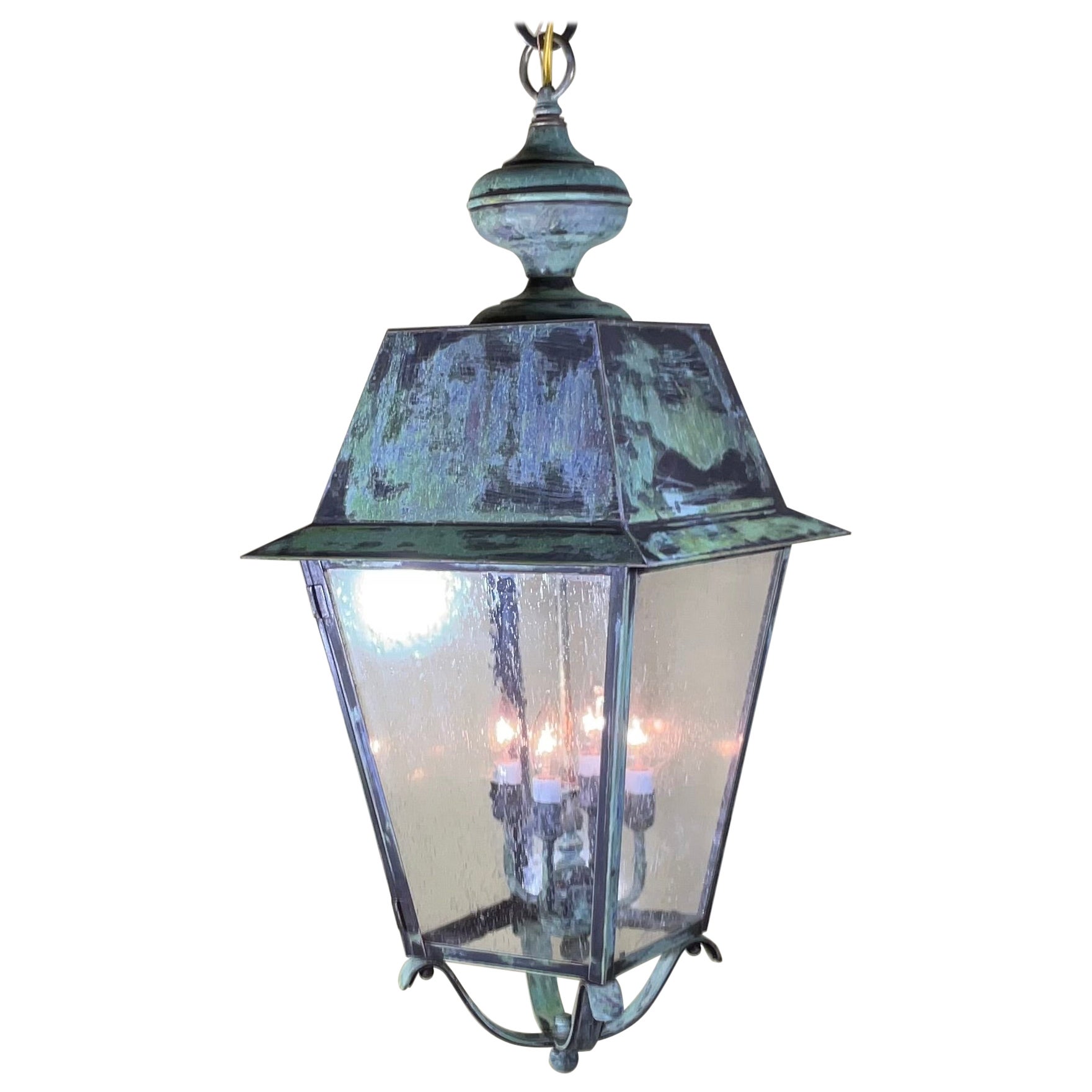 Large Four Sides Brass Hanging Lantern 32” x 14” x 14” For Sale