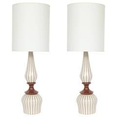 Pair of Mid-Century Brown Pinstripe White Ceramic Lamps