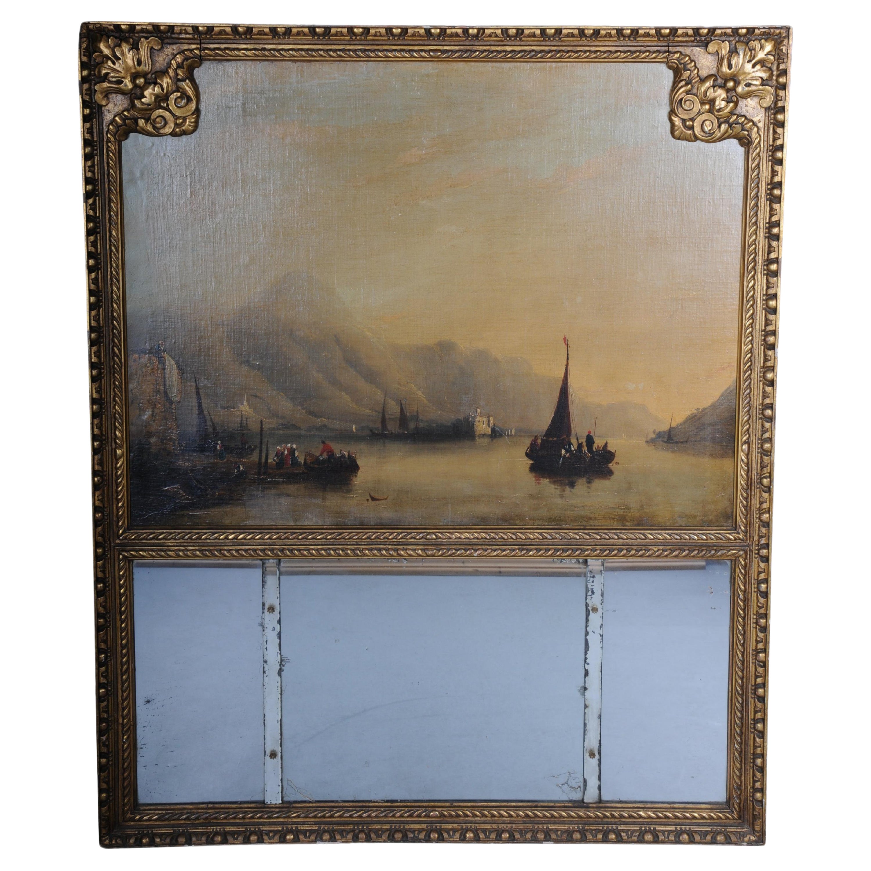 Classic antique French trumeau mirror with harbor landscape with sailing ships For Sale