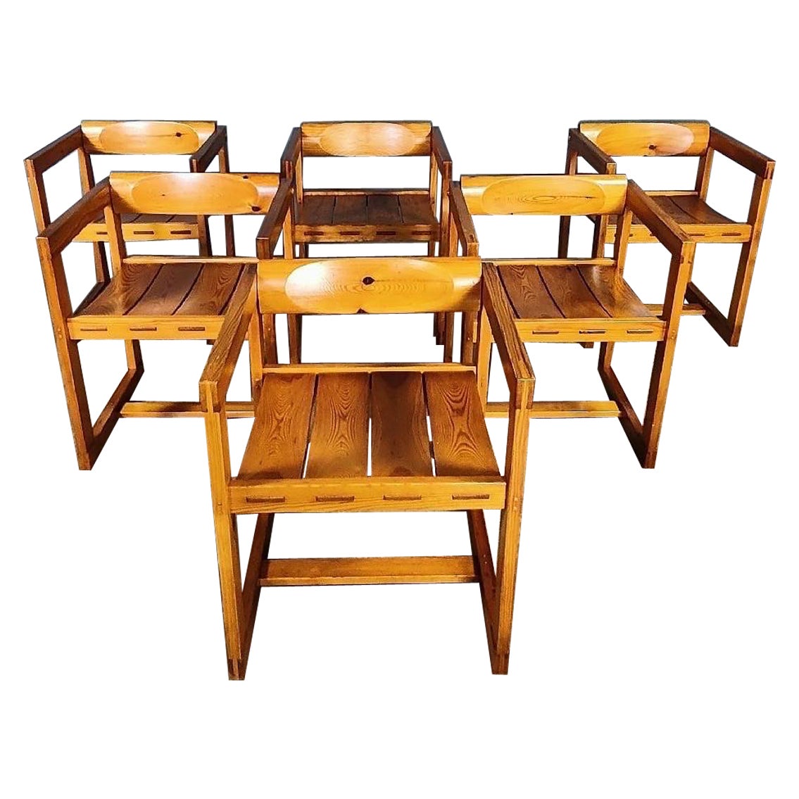 6 x Edvin Helseth Trybo Fureka 313 Pine Brutalist Dining Chairs Stange Bruk For Sale