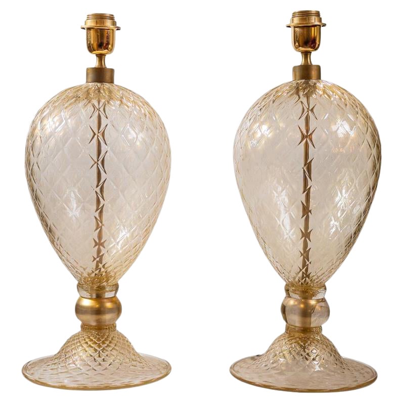 Pair of Veronese table lamps Clear glass with Gold inclusion by Alberto Dona For Sale